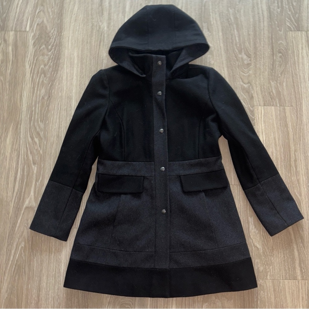 Guess Two-Tone Black Hooded Trench Coat